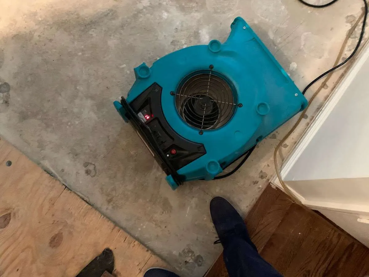 Air mover drying subfloor during Commercial Water Damage Restoration in Burtonsville